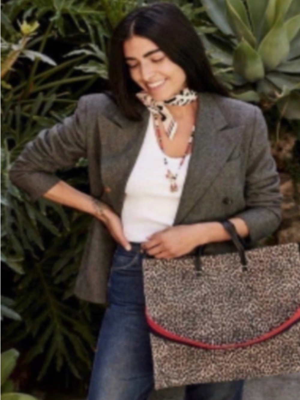 Clare V Simple Tote in Leopard Print Suede with Red and Blue Long Strap